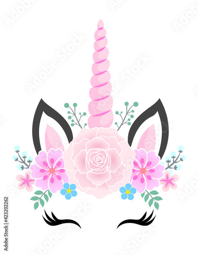 Unicorn Flower headband wreath, Unicorn head with flower crown, Unicorn Face. Vector illustration for card and shirt design