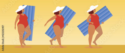 Woman with inflatable mattress isolated, flat vector stock illustration with young woman beach vacation in swimsuit