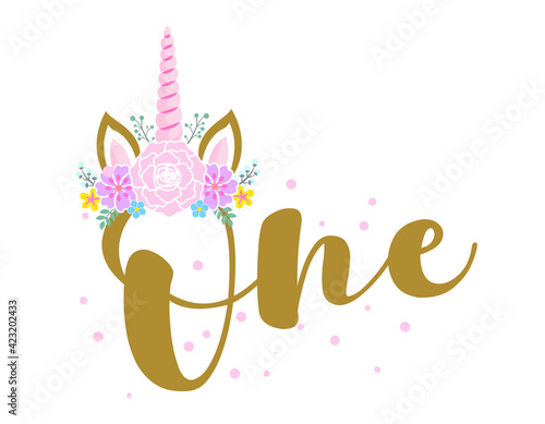 One (1.) Birthday Baby girl first year anniversary. Princess Queen. Toppers for birthday cake. Number 1. Good for cake toppers, T shirts, clothes, mugs, posters, textiles, gifts, baby sets. Unicorn.