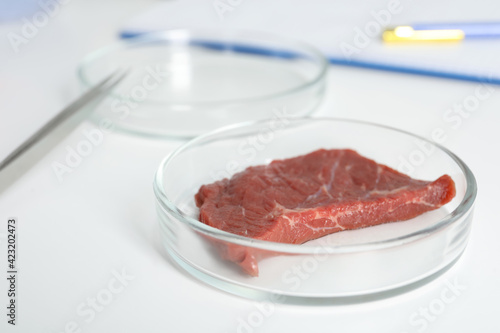 Petri dish with piece of raw cultured meat on white table, closeup