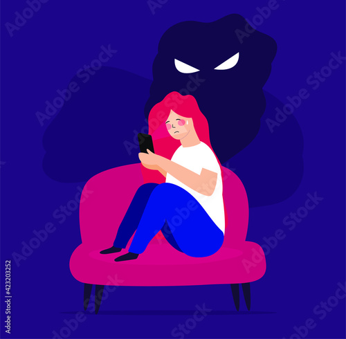Girl has FOMO symptoms (fear of missing out) and can't sleep. Young woman feeling loneliness, worried and insecure with a dark shadow behind her. Mental disorders, phobia Concept. Vector illustration.