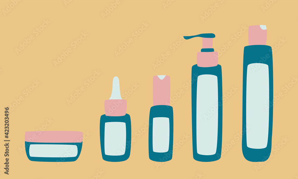 Set of cosmetic products for care and spa - cream, serum, shampoo, lotion, spray, gel in plastic bottle and tube Set of cosmetic products for care and spa - cream, serum, shampoo, lotion, spray, gel in plastic bottle and tube