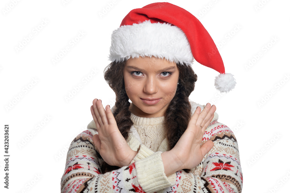 Portrait of smiling young woman in Christmas hat Portrait of smiling young woman in Christmas hat