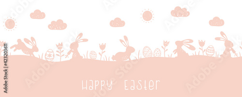 Cute hand drawn horizontal seamless Easter design, silhouette design with bunnies, eggs and flowers, great for web banners, wallpapers, cards - vector design