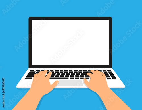 Hand on computer laptop. Laptop and hand vector flat