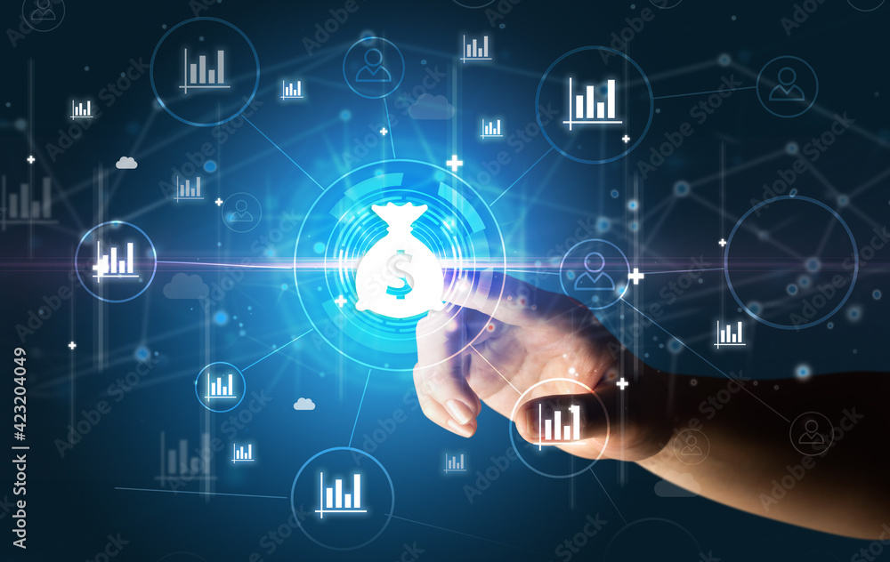 Businessman hand pressing stock graphic information on multitouch screen Businessman hand pressing stock graphic information on multitouch screen
