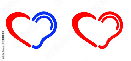 Symbol for deafness with love heart. Limited hearing. World hearing day or World deaf day. Ear hearing loss symbol. Ear icon. Flat vector signs. Deaf problem. Hearing loss impairment logo. 