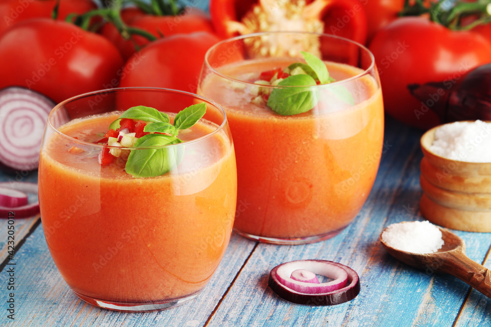 Cold Spanish soup Gazpacho served in glasses Cold Spanish soup Gazpacho served in glasses