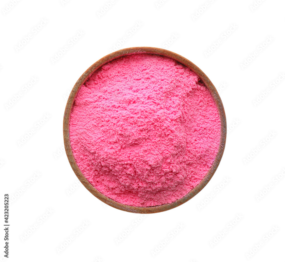 Pink powder in bowl isolated on white top view. Holi festival celebration Adobe Stock