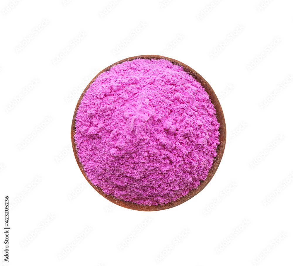 Violet powder in bowl isolated on white, top view. Holi festival celebration Violet powder in bowl isolated on white, top view. Holi festival celebration