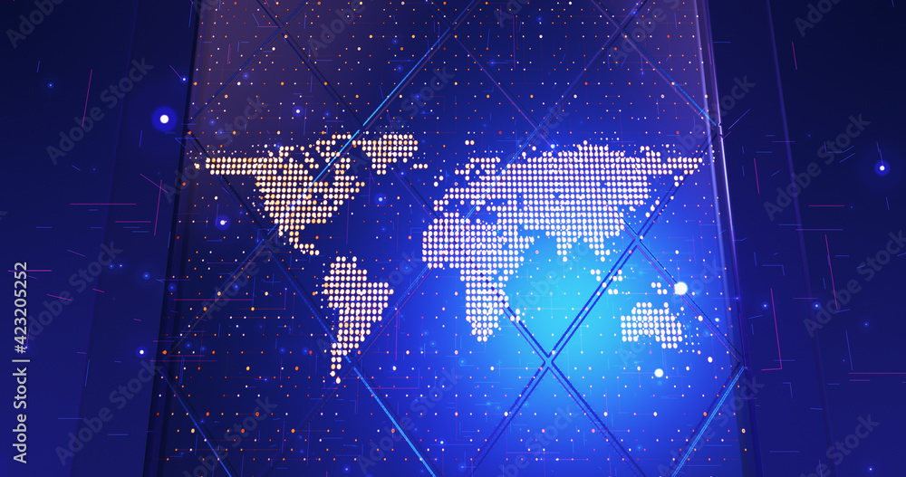 Obraz premium Broadcast 3D News Opening. Digital Cube Globe. 3D Illustration Render. Digital Technologies, Computer Networks, Social Media, Big Data.