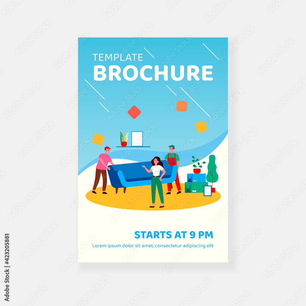Woman moving to new house. Loaders carrying furniture, lifting sofa. Flat vector illustration for new home, loading service, relocation concepts Woman moving to new house. Loaders carrying furniture, lifting sofa. Flat vector illustration for new home, loading service, relocation concepts