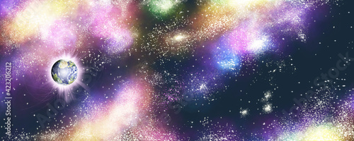 Fototapeta Naklejka Na Ścianę i Meble -  Hintergrund All Universum Panorama Kosmos Erde Mond Sterne Galaxie Himmel Nebel Astronomie Astrologie sci-fi Sternenhimmel Wandbild Plakat Poster supernova