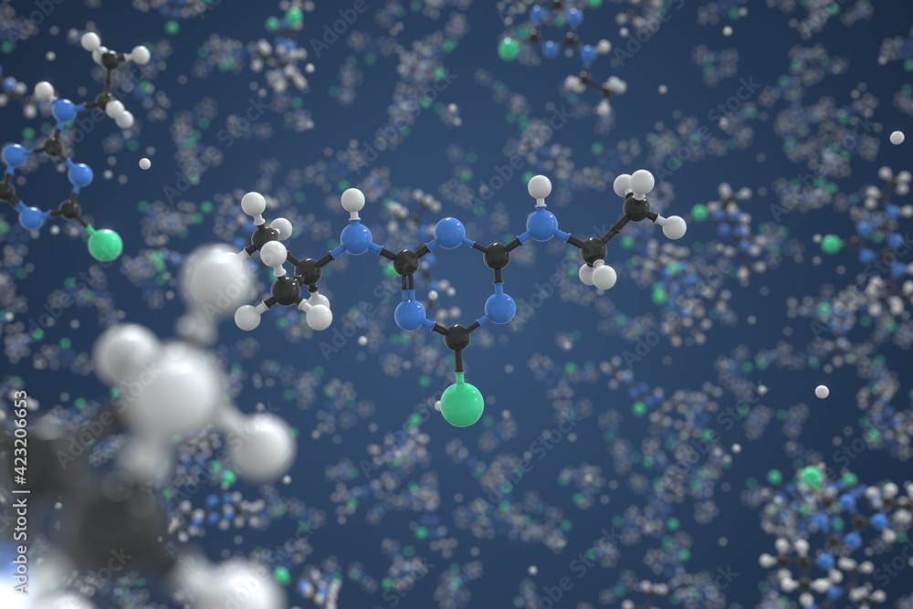 Atrazine molecule, ball-and-stick molecular conceptual model. Scientific 3d rendering Atrazine molecule, ball-and-stick molecular conceptual model. Scientific 3d rendering