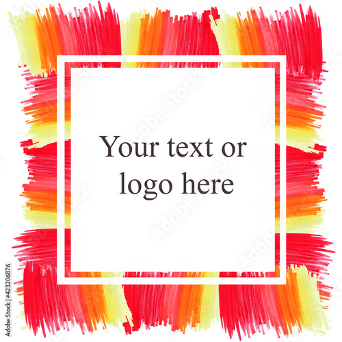 Colorful bright gradient red, orange and yellow square double frame drawn with markers for sign or banner