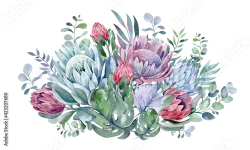 watercolor card composition of delicate flowers and plants