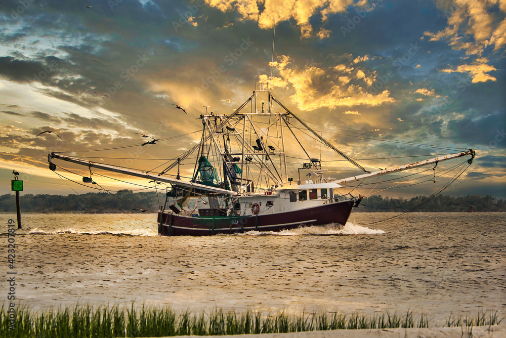 Fototapeta premium A shrimp boat entering Charleston, SC harbor in the evening.