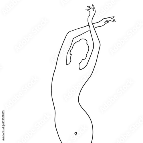 Contour of woman with hands up pose in a linear style. Sketch, outline figures of a woman. The design is suitable for modern decor, paintings, tattoos, prints. Isolated vector