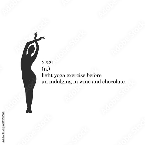 A woman in yoga tree pose with modern lettering. Vector illustration of a young girl doing vrksasana at home with inspirational quote. Flat drawing of morning fitness activities and meditation.