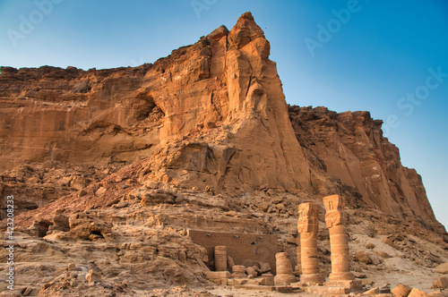 The last standing pillars of Napata's temple of Amun at the foot of Jebel Barkal, Sudan