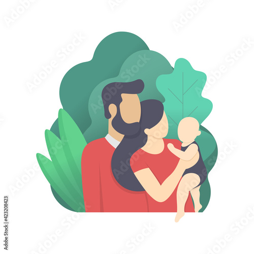 family day modern illustration - father and mother parenting baby with trees background