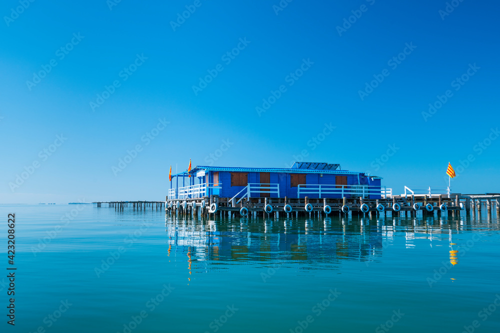 Naklejka premium L'Avi Agusti Mussel Farm, Sant Carles de la Rapita Village, The Ebre Delta Natural Park, Terres de l'Ebre, Tarragona, Catalonia, Spain