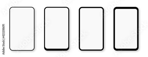 Realistic phone mockup. Smartphone with white empty screen. Smartphone blank template. 3D device. Mobile phone with shadow on white background. Vector illustration.