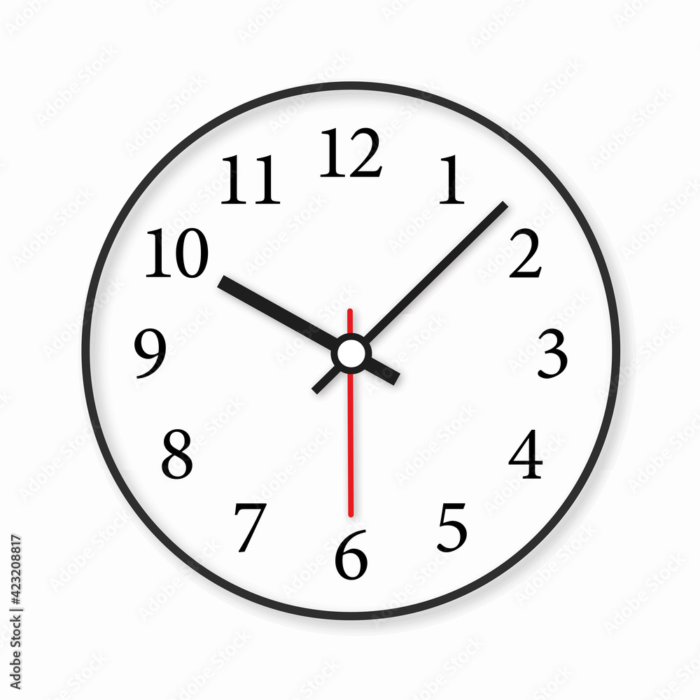 Realistick office clock. Wall round clock isolated on white background. Time icon vector with shadow. Vector illustration. Realistick office clock. Wall round clock isolated on white background. Time icon vector with shadow. Vector illustration.