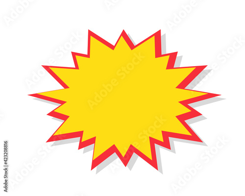 Starburst in cartoon style. Red speech bubble badge isolated on background. Boom attention grabber sticker. Vector illustration.