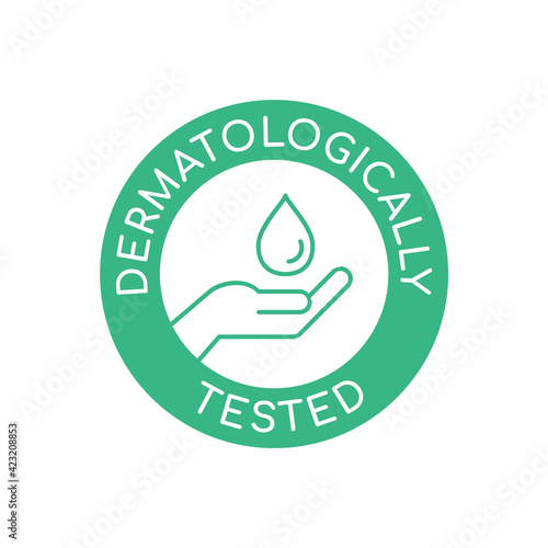 Dermatologically tested icon. Green circle stamp with a human palm. Safe personal hygiene product. Medically tested cosmetics. Healthy skin care. Hand and a drop. Vector illustration, flat, clip art. photo