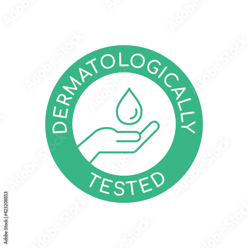 Dermatologically tested icon. Green circle stamp with a human palm. Safe personal hygiene product. Medically tested cosmetics. Healthy skin care. Hand and a drop. Vector illustration, flat, clip art.