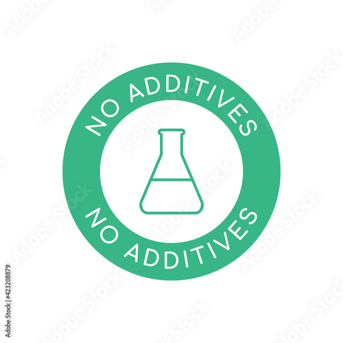 No additives label. Product with no artificial ingredients. Green circle stamp with a lab flask. Additives free sign. Natural organic food icon. Chemical free icon. Vector illustration, flat,clip art 