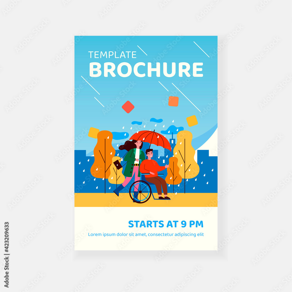 Fototapeta premium Disabled guy and assistant walking in rain. Girl with handicapped friend in wheelchair outdoors flat vector illustration. Diversity, social care concept for banner, website design or landing web page