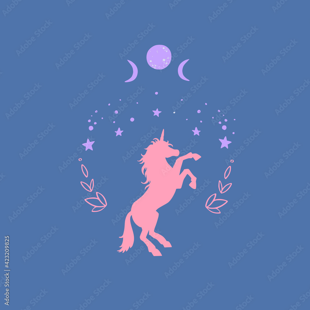 Fantasy creature Unicorn silhouette . Vector hand drawn illustration for print, banner, poster.