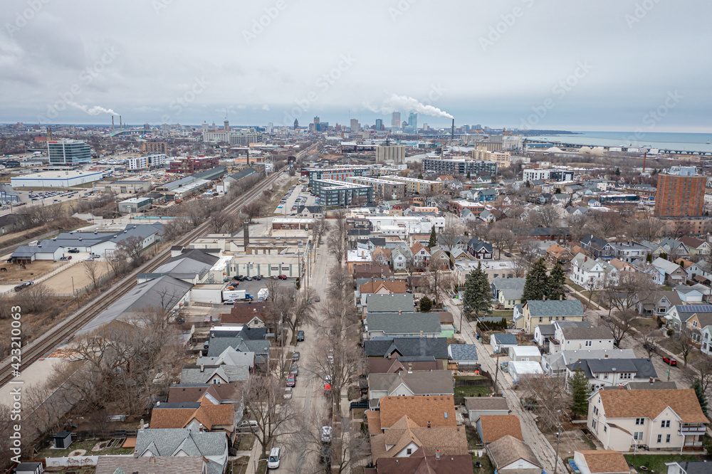 Naklejka premium Milwaukee, WI USA - March 25, 2021: Aerial view of the Bay View WI area looking north east towards downtown Milwaukee and Lake Michigan.