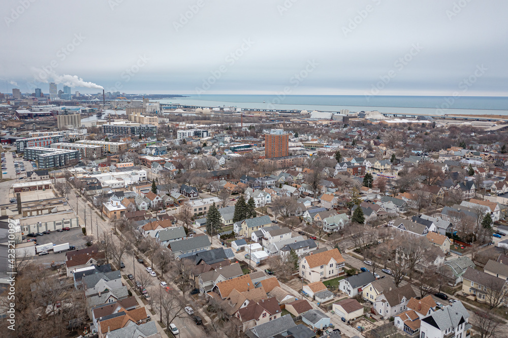 Milwaukee, WI USA - March 25, 2021: Aerial view of the Bay View WI area looking north east towards downtown Milwaukee and Lake Michigan.