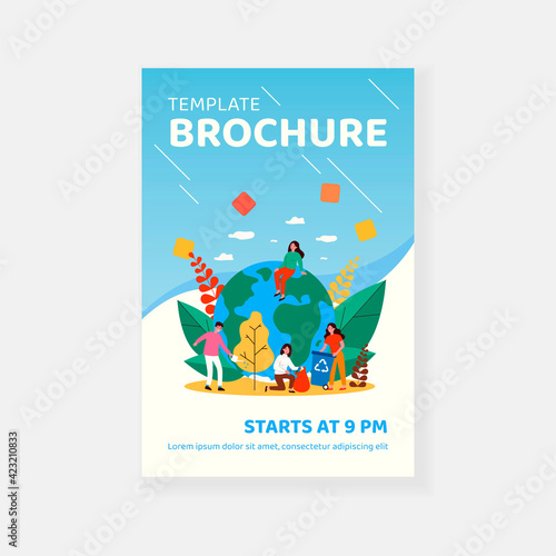 Group of eco volunteers working outdoors. Young people planting tree, collecting garbage flat vector illustration. Environment, planet care concept for banner, website design or landing web page
