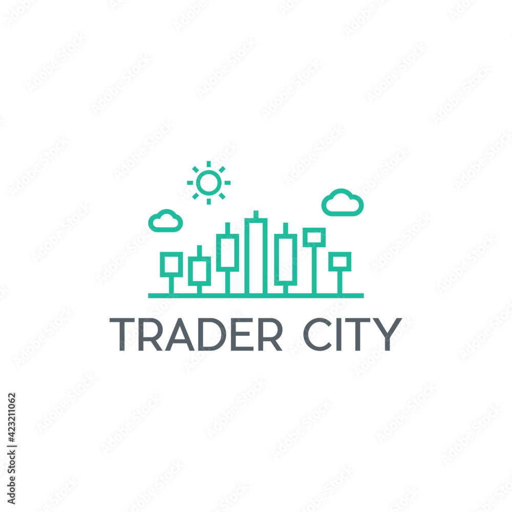 Trader city logo template with skyline and forex chart graphic
