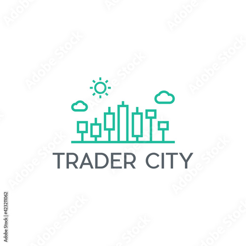 Trader city logo template with skyline and forex chart graphic