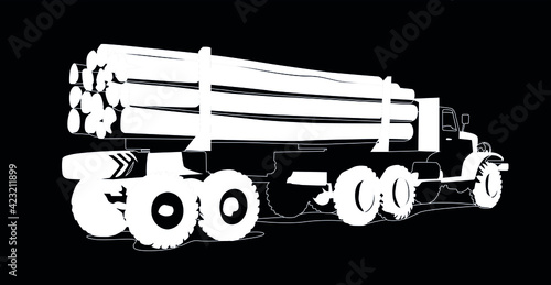 Logging truck white on black background