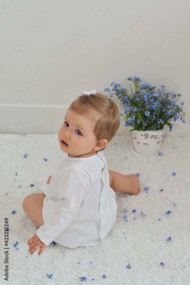 Girl sits on a white background with a vase with forget-me-nots Girl sits on a white background with a vase with forget-me-nots