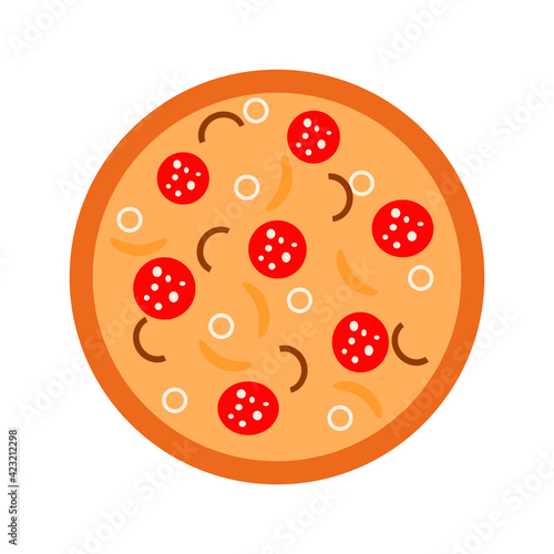 Round Italian thin pizza isolated on white background. Delicious topical fast food. Vector graphics.
