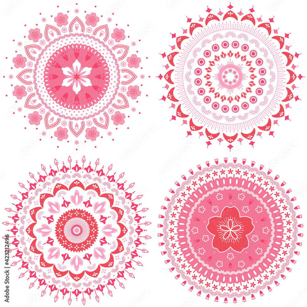 Set of abstract cherry blossom mandala ornament. Japan sakura flower vector