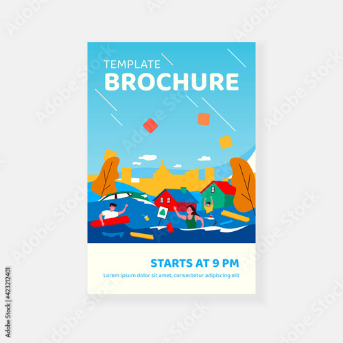 Scared people in flooded suburb street. Houses, cars, rubbish floating on water. Vector illustration for natural flood disaster, tsunami, emergency, river overflow concepts