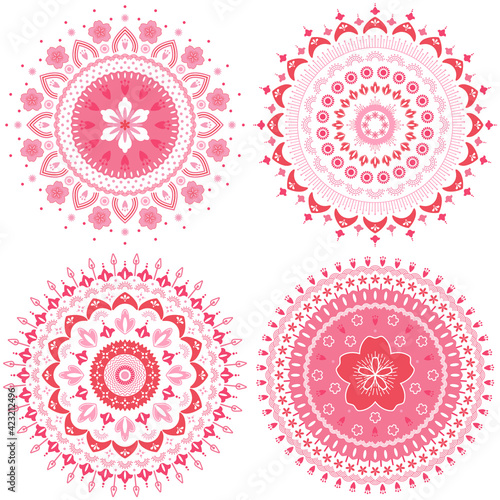 Obraz na płótnie Set of abstract cherry blossom mandala ornament. Japan sakura flower vector w salonie