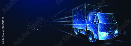 Truck. Abstract vector 3d heavy lorry van. Highway road. Isolated on  dark blue background. Transportation, logistics or international shipping concept. Digital polygonal low poly 3d mesh illustration