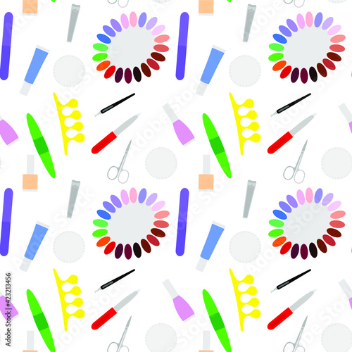 Vector seamless pattern of colorful manicure and pedicure tools on a white background