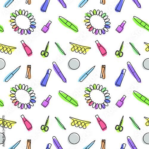 Vector seamless pattern of colorful manicure and pedicure tools on a white background