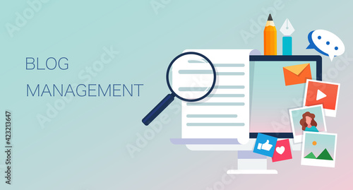 Flat illustration of Blog Management․ Modern Vector Icon. Blogging, Management, Online Blog. Content Management. Creative Writing - Vector