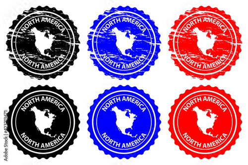 North America - rubber stamp - vector, North America continent map pattern - sticker - black, blue and red